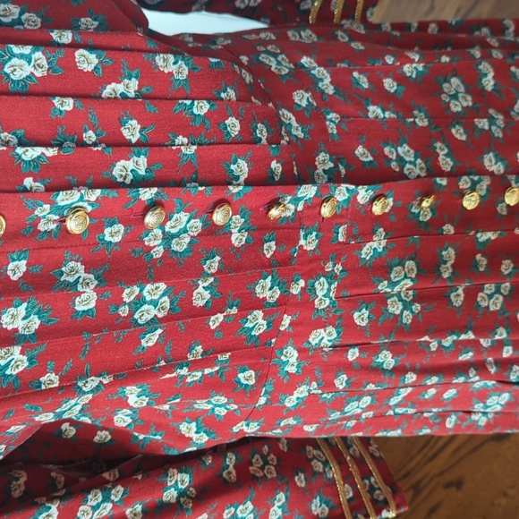 Vtg Plaza South Button Down Milkmaid Prairie Red Ditsy Floral Gold Trim Dress L - Picture 8 of 13